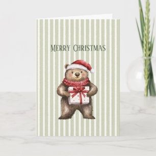 Carte Ours Cadeau Chapeau Vert Blanc Rayures Noël