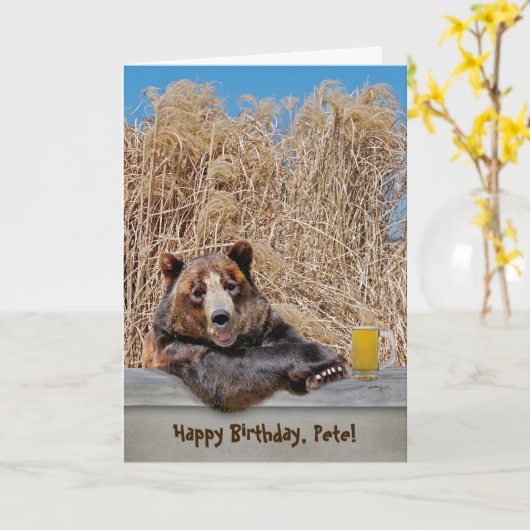 Carte Ours d'anniversaire avec bière (Fleur jaune)