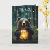 Carte Ours d'anniversaire avec des lucioles dans un pot (Fleur jaune)