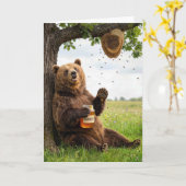 Carte Ours d'anniversaire avec un pot de miel (Fleur jaune)