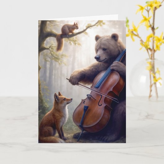 Carte Ours d'anniversaire Jouer le violoncelle dans une  (Fleur jaune)