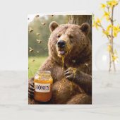 Carte Ours d'anniversaire mangeant du miel dans un pot (Fleur jaune)