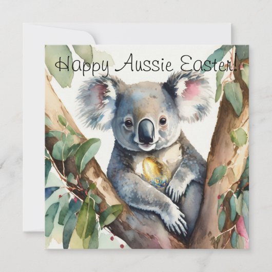 Carte Ours de Koala tenant un oeuf de Pâques d'or (Devant)