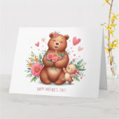Carte Ours de maman adorable avec petit (Fleur jaune)