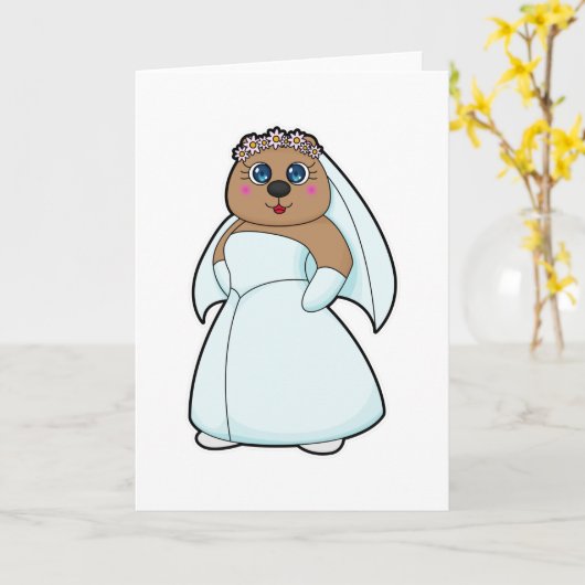 Carte Ours en mariée avec couronne de fleurs (Fleur jaune)