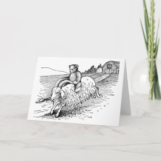 Carte Ours en peluche chevauchant une chèvre (Devant)