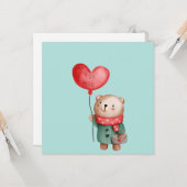 Carte Ours en peluche de la Saint Valentin tenant un bal (Devant/Arrière en situation)