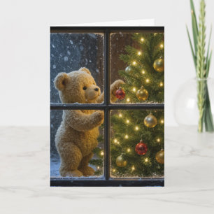 Carte Ours en peluche de Noël décorant un arbre