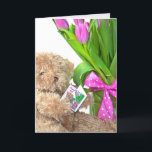Carte Ours en peluche du 60e anniversaire avec bouquet d<br><div class="desc">Brown ours en peluche avec bouquet de tulipe rose tenant une carte de voeux pour les félicitations du 60e anniversaire</div>