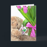 Carte Ours en peluche du 60e anniversaire avec bouquet d<br><div class="desc">Brown ours en peluche avec bouquet de tulipe rose tenant une carte de voeux pour les félicitations du 60e anniversaire</div>