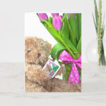 Carte Ours en peluche du 90e anniversaire avec bouquet d<br><div class="desc">Brown ours en peluche avec bouquet de tulipe rose tenant une carte de voeux pour les félicitations du 90e anniversaire</div>