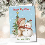 Carte Ours en peluche et arbre de Noël Snowman<br><div class="desc">Cet ours en peluche a assurément du coeur — la Teddy Bear et la Snowman Watercolor Christmas Tree Card — enverra votre message pour la saison des Fêtes avec joie et bon humour. Habillé pour la saison et rempli de bonne humeur. Personnalisé avec votre nom devant; message à l'intérieur et...</div>