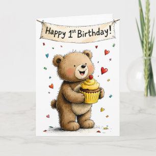 Carte Ours en peluche fantaisiste mignon Joyeux premier 