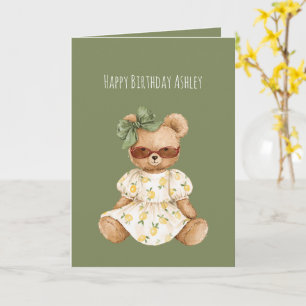 Carte Ours en peluche fille arc vert anniversaire