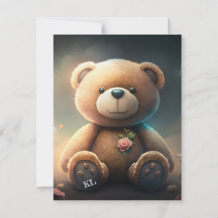 Carte Ours en peluche mignon avec typographie rose rosé