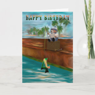 Carte Ours en peluche pêche 4ème Joyeux Anniversaire