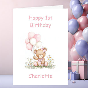 Carte Ours en peluche pour fille mignonne 1er anniversai