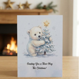 Carte Ours polaire adorable étreignant un arbre de Noël,