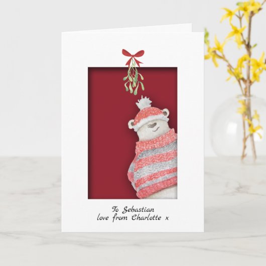 Carte Ours polaire avec gui Noël (Fleur jaune)