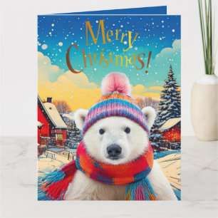 Carte Ours polaire chapeau de Père Noël et écharpe Joyeu