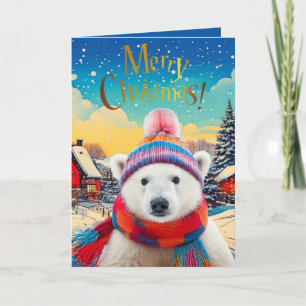 Carte Ours polaire chapeau et écharpe de Père Noël Joyeu