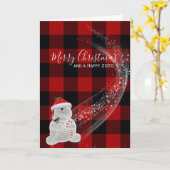 Carte Ours polaire de Noël sur plaid de bûcheron (Fleur jaune)