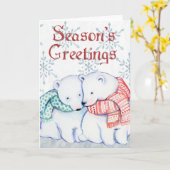 Carte Ours polaires mignons en écharpe rouge et verte (Fleur jaune)