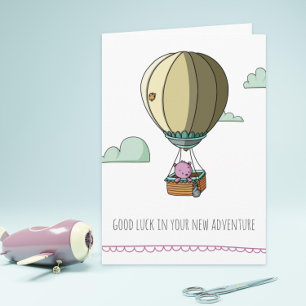 Carte Ours rose bonne chance adieu en ballon chaud