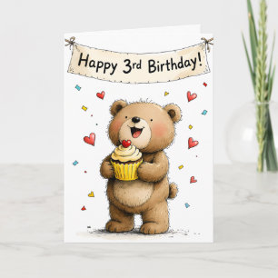 Carte Ourson Mignon et Fantaisiste Joyeux Troisième Anni