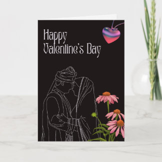 Carte Outline of a couple with bright Flowers valentine
