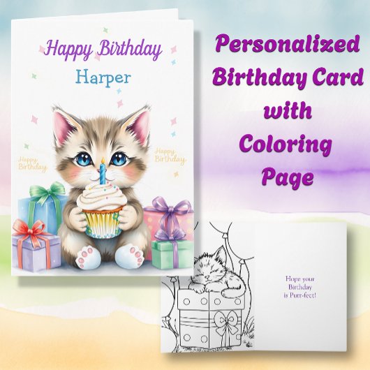 Carte Page de coloriage Kitten avec Cupcake Anniversaire