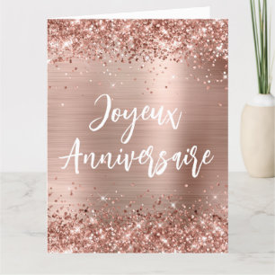 Carte Pailleté Or Rose Feuille Joyeux Anniversaire Grand