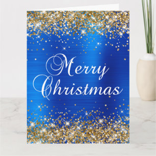 Carte Paillettes dorées Joyeux Noël royal bleu en feuill