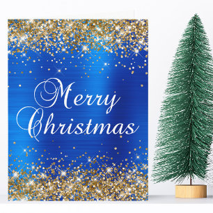 Carte Paillettes dorées Joyeux Noël royal bleu en feuill