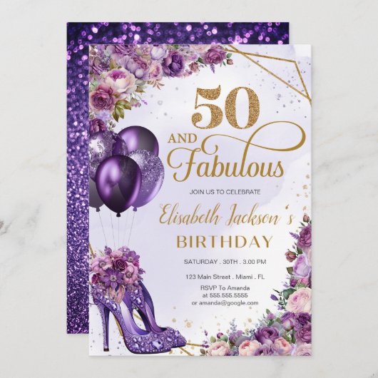 Carte Paillettes Violettes Féminines 50e Anniversaire (Devant / Derrière)
