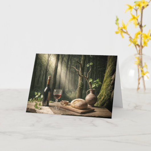 Carte Pain et vin d'anniversaire sur une table de forêt (Fleur jaune)