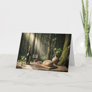 Carte Pain et vin d'anniversaire sur une table de forêt