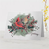 Carte Paire aquarelle des cardinaux Design de Noël (Fleur jaune)