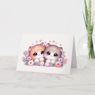 Carte Paire de chatons adorables rougissants Cœur et flo