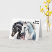 Carte Paire de Cheval noir et blanc en Aquarelle Anniver (Fleur jaune)