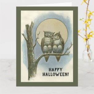 Carte Paire d'Halloween vintage de hibou assis Lune de n