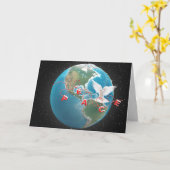 Carte PAIX de Noël avec la colombe blanche sur le globe (Fleur jaune)