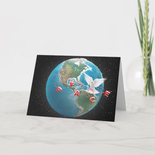 Carte PAIX de Noël avec la colombe blanche sur le globe (Devant)