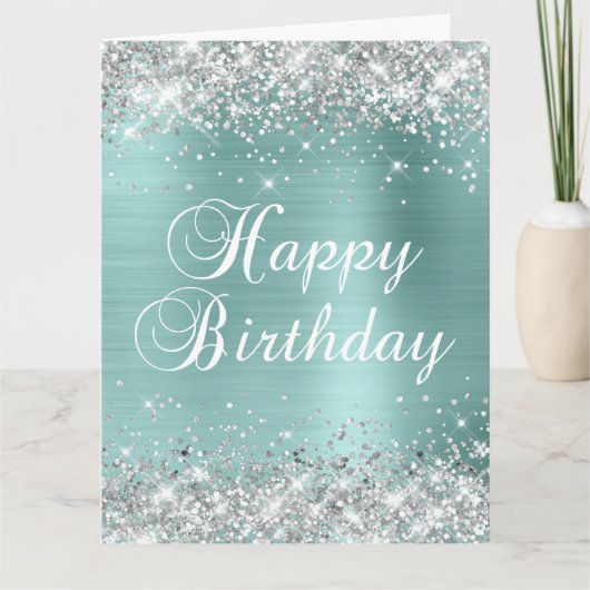 Carte Pale Turquoise Parties scintillant argent Gros ann (Devant)