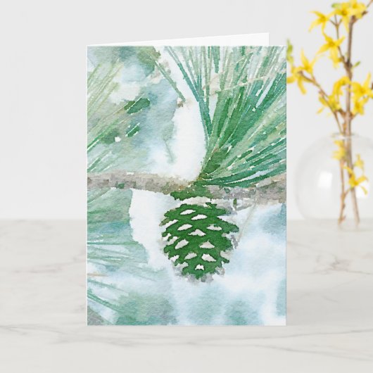 Carte Pale Vert hiver Pine Cône Aquarelle Vacances (Fleur jaune)