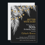 Carte Palmiers et lumières Noir et Or 50e anniversaire<br><div class="desc">Des frondes de palmiers blancs avec des brins d'or clair sur un arrière - plan noir,  ce sont des invitations de fête d'anniversaire amusantes pour n'importe quel âge. Voir les articles CORRESPONDANTS dans notre magasin.</div>