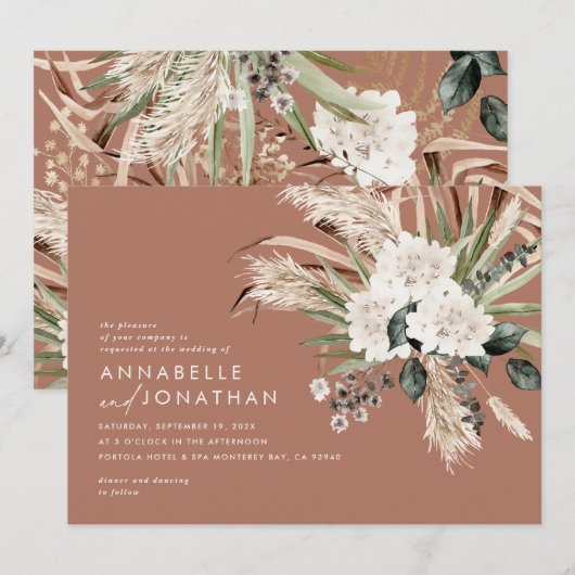 Carte Pampas eucalyptus mariage en terre cuite rustique  (Devant / Derrière)