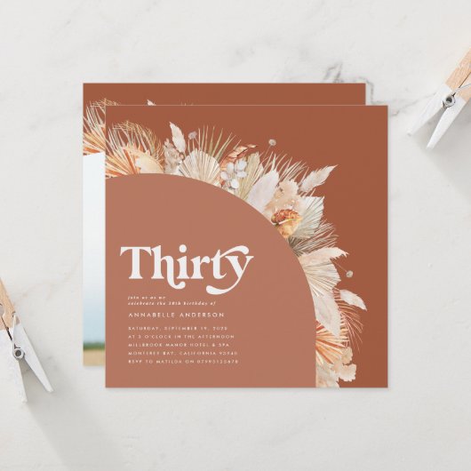 Carte Pampas moderne herbe terre cuite photo 30e anniver (Devant/Arrière en situation)