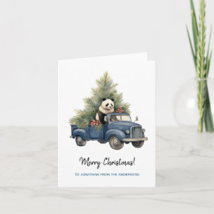 Carte Panda drôle dans Blue Retro Truck Xmas