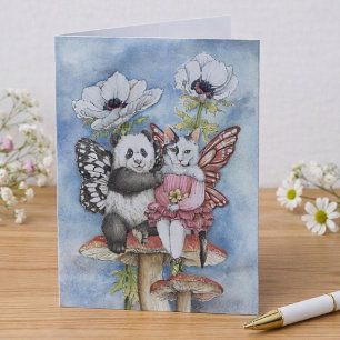 Carte Panda et chat fée amis avec des fleurs d'anémone